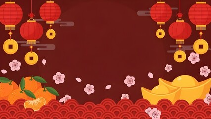 Cheerful red Lunar New Year background with gold coins, confetti, and festive elements symbolizing luck and prosperity.