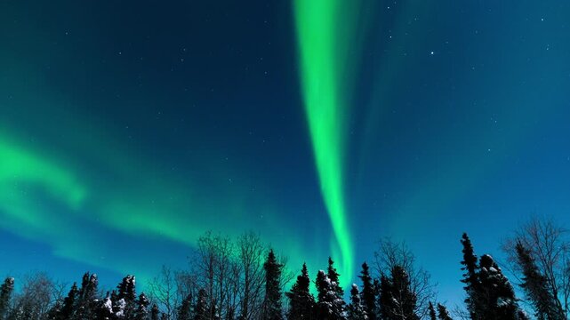 Timelapse of Aurora Borealis Northern Lights over winter landscape in Fairbanks, Alaska