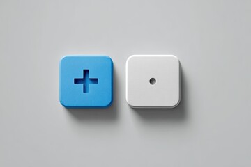 Two square-shaped icons blue with a plus, white with a single dot, isolated on a gray backdrop