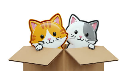Two cute cartoon cats peeking out of a cardboard box