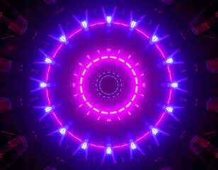 Futuristic circular tunnel with neon purple and blue lights, kaleidoscopic pattern