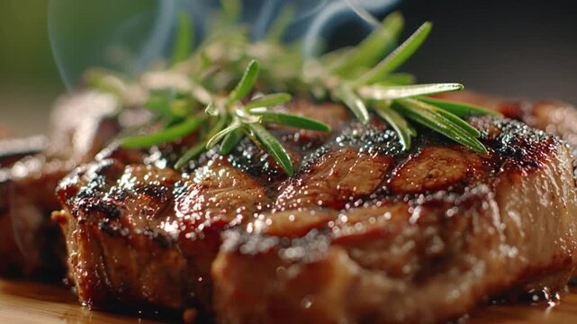 Macro 4K shot of grilled tomahawk steak topped with fresh rosemary. Juicy, tender meat and grill marks captured in delicious HD detail