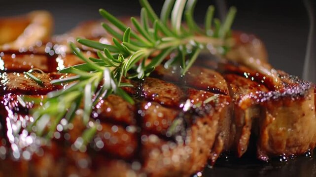 Macro 4K shot of grilled tomahawk steak topped with fresh rosemary. Juicy, tender meat and grill marks captured in delicious HD detail