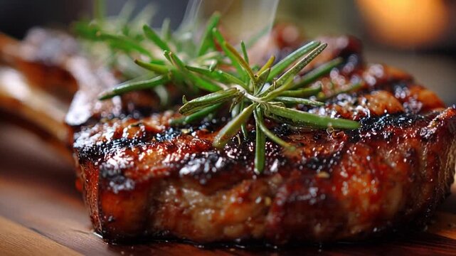 Macro 4K shot of grilled tomahawk steak topped with fresh rosemary. Juicy, tender meat and grill marks captured in delicious HD detail