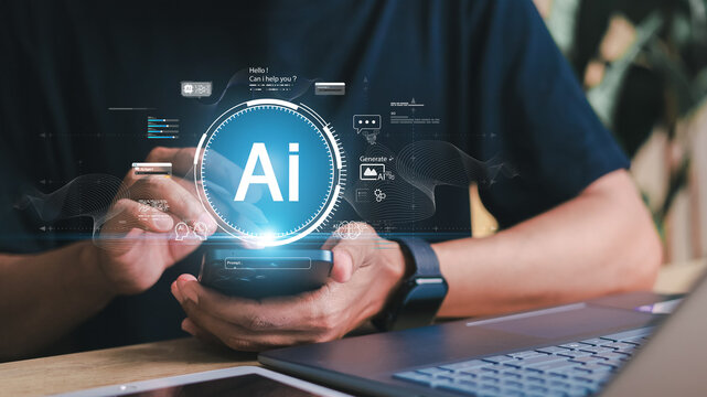 Artificial intelligence technology concept showing AI icon and digital interface with person using smartphone and laptop computer, symbolizing innovation, data analysis, and smart automation. - Powered by Adobe