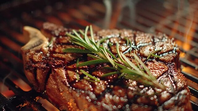 Macro 4K shot of grilled tomahawk steak topped with fresh rosemary. Juicy, tender meat and grill marks captured in delicious HD detail