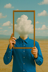 A surreal composition featuring a person in a blue shirt holding a frame that replaces their head with a cloud