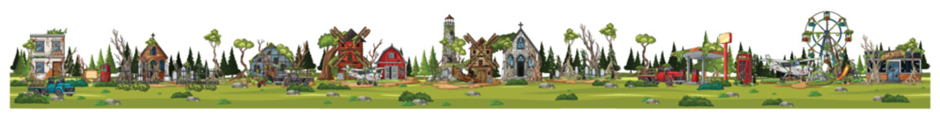 Panoramic Cartoon Abandoned Town with Haunted Buildings and Park