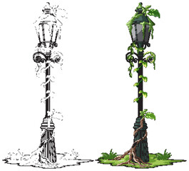 Overgrown Vintage Street Lamp with Creeping Vines Illustration