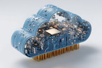 3D blue cloud icon on a white background with circuit board elements, white background, 2D illustration style, simple design, flat color blocks, clean lines, digital art Generative AI