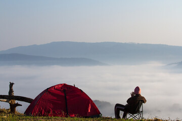 camping in the mountains with view sea of mist