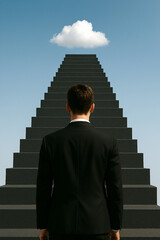 A man in a suit stands before a steep black staircase leading upward toward a single, isolated white cloud