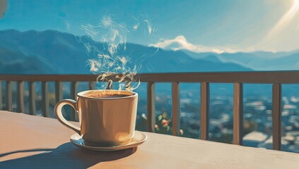 Steaming coffee cup on a saucer, balcony, mountain view, sunny morning, blurry town below