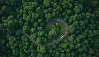 &ldquo;Aerial View of Scenic Winding Road Through Dense Green Forest and Rolling Hills, Curved Highway Landscape, Natural Wilderness, Summer Nature Travel, Environmental Conservation and Eco Tourism Concept