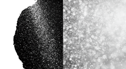 Photorealistic abstract macro of countless glowing particles with a vertical split: left, sharp silver glitter on black; right, soft platinum bokeh on white. Luxurious celebration atmosphere