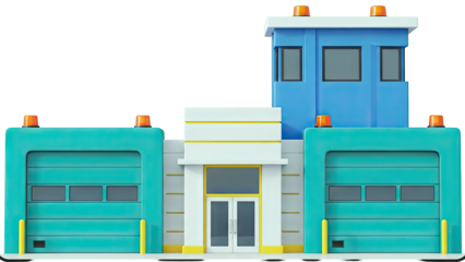 Modern stylized building with garage doors and control tower