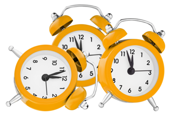 three vintage-style orange alarm clocks with twin bells and prominent hands, arranged in a cluster on a transparent background, conveying a sense of urgency or time passing.
