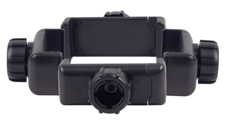 close-up on a black plastic adjustable clamp holder for a smartphone or small camera, isolated on transparent background.