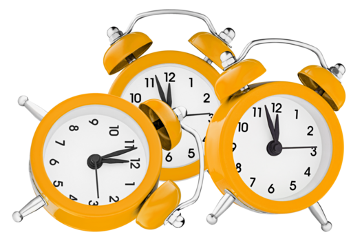 three vintage-style orange alarm clocks with twin bells and prominent hands, arranged in a cluster on a transparent background, conveying a sense of urgency or time passing. - Powered by Adobe