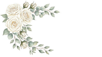 White roses and eucalyptus leaves corner arrangement
