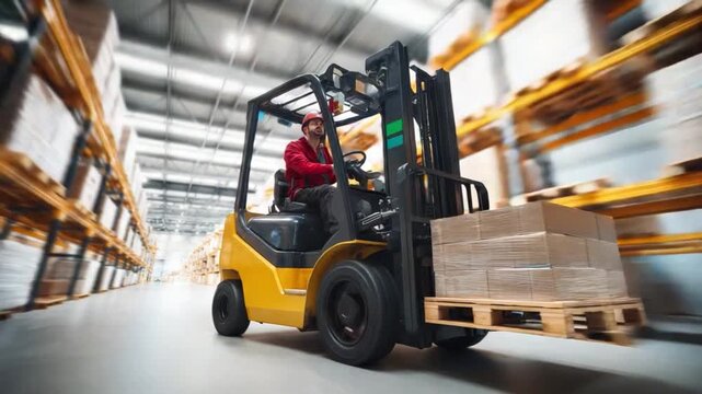 Forklift in the Warehouse: A forklift, operated by a diligent worker, efficiently transports pallets of goods through a bustling warehouse, showcasing the smooth operation of modern logistics.