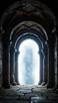 An ancient stone passageway frames a bright, ethereal light. Deep shadows obscure the structure