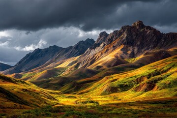 Sunlight filters through storm clouds, illuminating a vibrant mountain landscape