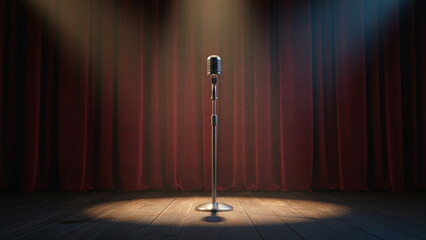 Microphone on stage with red curtain backdrop.