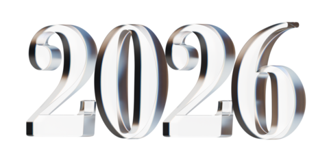 Happy new year 2026 isolated 3d illustration glass letter