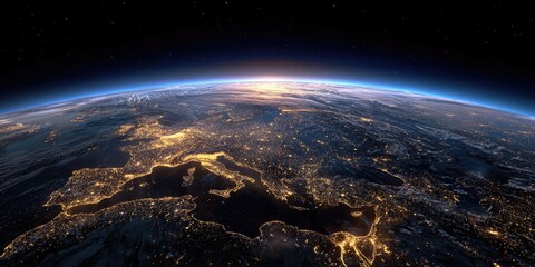 Orbital view of illuminated landmass on a dark night, showing the curvature with a subtle sunrise