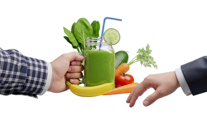 Hands sharing a green smoothie and fresh produce
