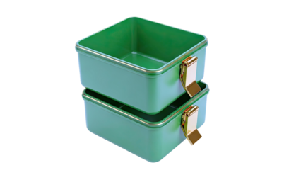Stack of two green bento boxes with gold clasps on a white background