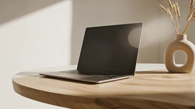 Minimalist Workspace Scene With An Open Laptop And A Ceramic Vase With Dried Stems On A Round Wooden Table In Soft Natural Light Creating Shadows On A White Wall