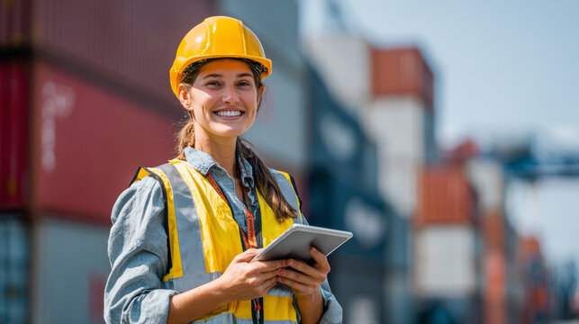 Female worker safety helmet reflective vest tablet shipping container logistics cargo harbor industrial smiling professional female worker wearing