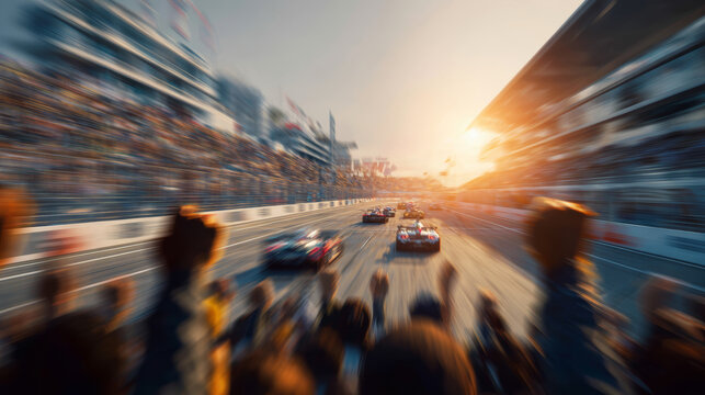 Race car speed motion blur racetrack sunset crowd cheering competition fast victory race car speed motion blur racetrack sunset crowd cheering