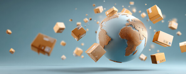 Global shipping delivery cardboard box earth logistics worldwide transport parcel distribution export import freight cargo postal courier fast