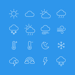 Set of simple weather icons in white line style on blue background