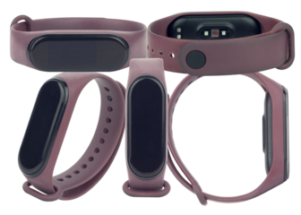 set of purple fitness trackers or smart bands, showcasing multiple views including the screen, band, and back with sensors, isolated on a white background.