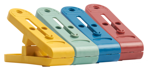 set of four large, durable plastic clothes pegs in yellow, light green, blue, and pink, arranged in a row against a white background, highlighting their functional design for laundry.