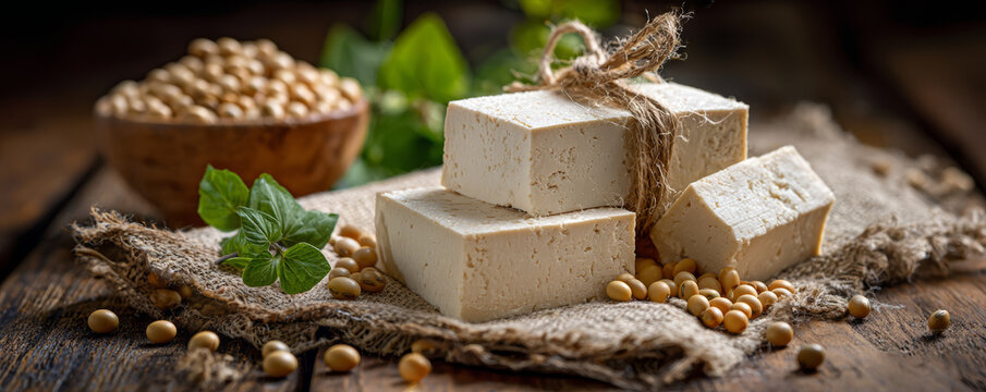 Tofu soy bean organic healthy vegetarian vegan protein rustic tofu block burlap with soy bean and herb leaf wooden table, natural food concept