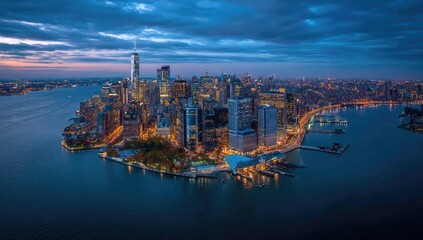 Aerial view of a city island with skyscrapers, at dusk, illuminated lights in evening sky