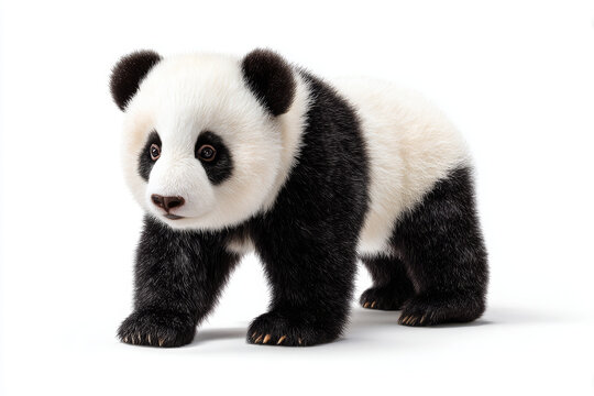 Panda bear animal wildlife fur black white cute baby young panda bear cub walking on white background with soft light and curious expression