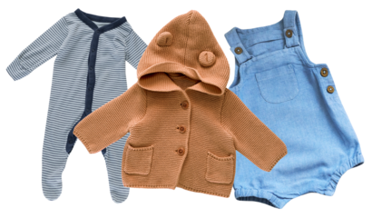 a collection of adorable baby clothes including a striped romper, a cozy knit cardigan with bear ears, and denim overalls, perfect for newborns and infants.