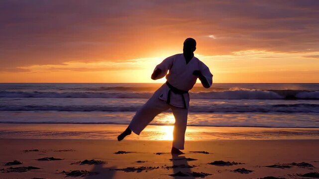 A dedicated martial artist in a traditional gi practices powerful karate stances on a tranquil beach at sunset, silhouetted against the vibrant orange sky and calm ocean waves, embodying discipline a.