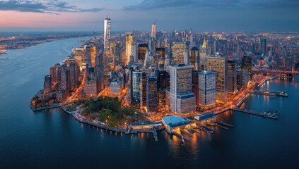 Aerial twilight view of a coastal metropolitan area with many illuminated skyscrapers