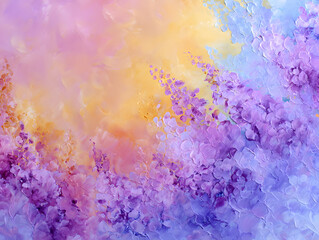 Fototapeta premium Floral Impressionistic Painting with Purple Flowers on Yellow Background