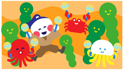 Naklejka premium 竜宮城で海の生き物たちに囲まれるうらしまたろうのかわいいイラスト