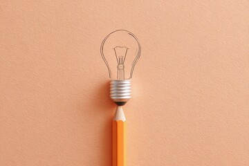 A pencil supports a lightbulb outline against a solid orange background, suggesting creativity