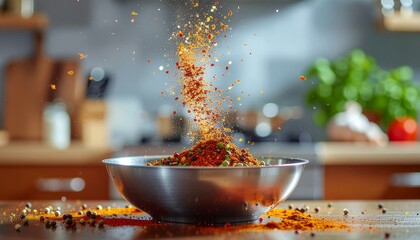 A vibrant mix of colorful spices falling into a metal bowl on a wooden kitchen counter, creating a dynamic culinary scene.