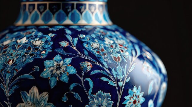Close Up of Decorative Iznik Vase with Symmetrical Traditional Motifs
